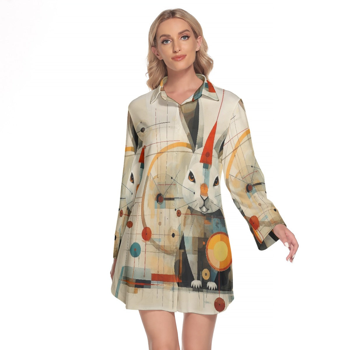 All-Over Print Women's Lapel Shirt Dress With Long Sleeve