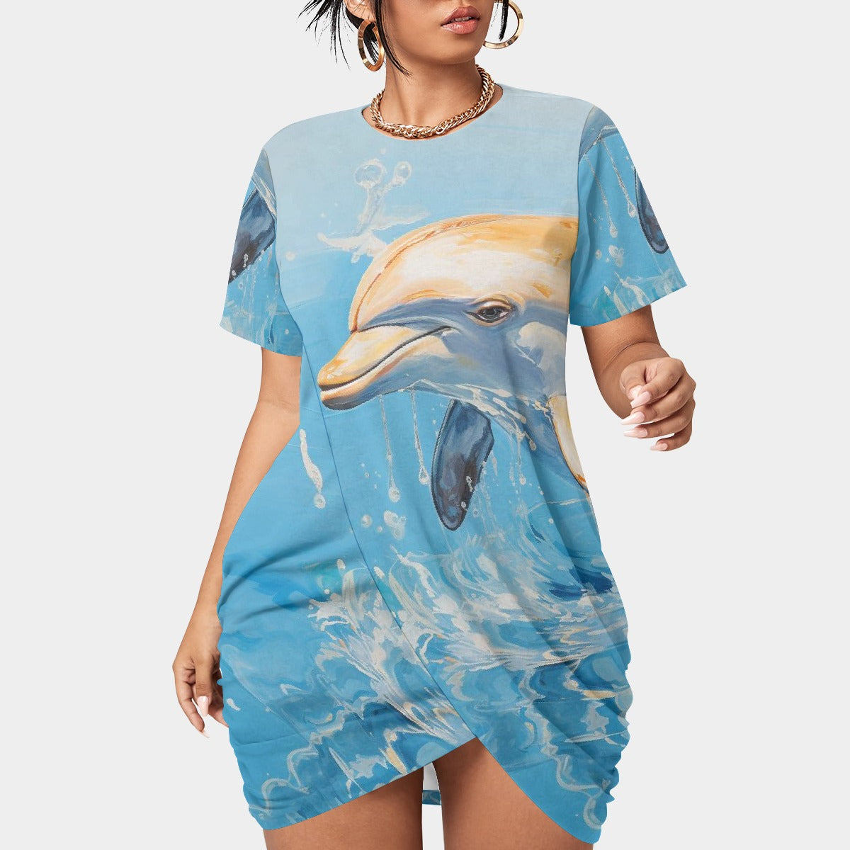 All-Over Print Women’s Stacked Hem Dress With Short Sleeve（Plus Size）