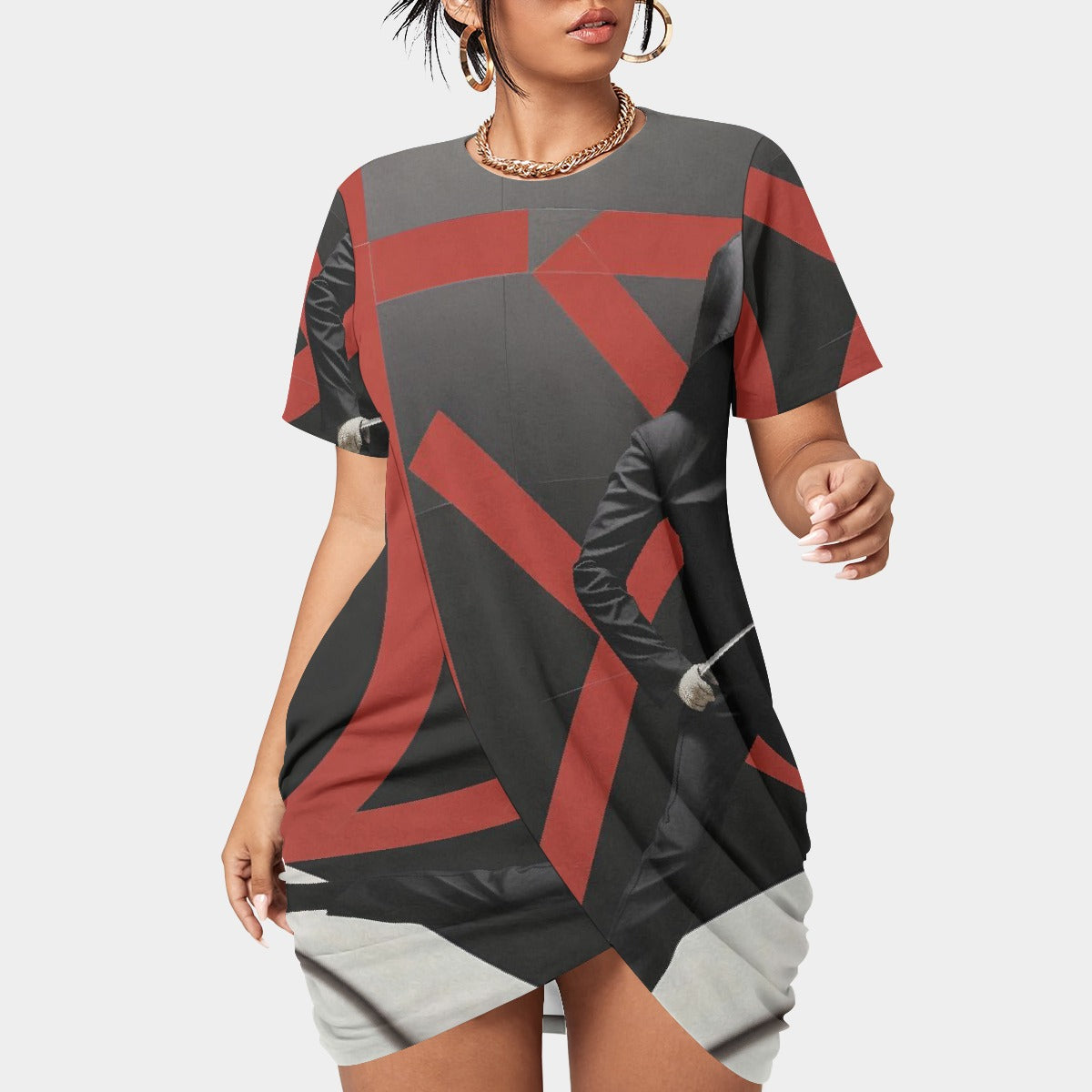 All-Over Print Women’s Stacked Hem Dress With Short Sleeve（Plus Size）