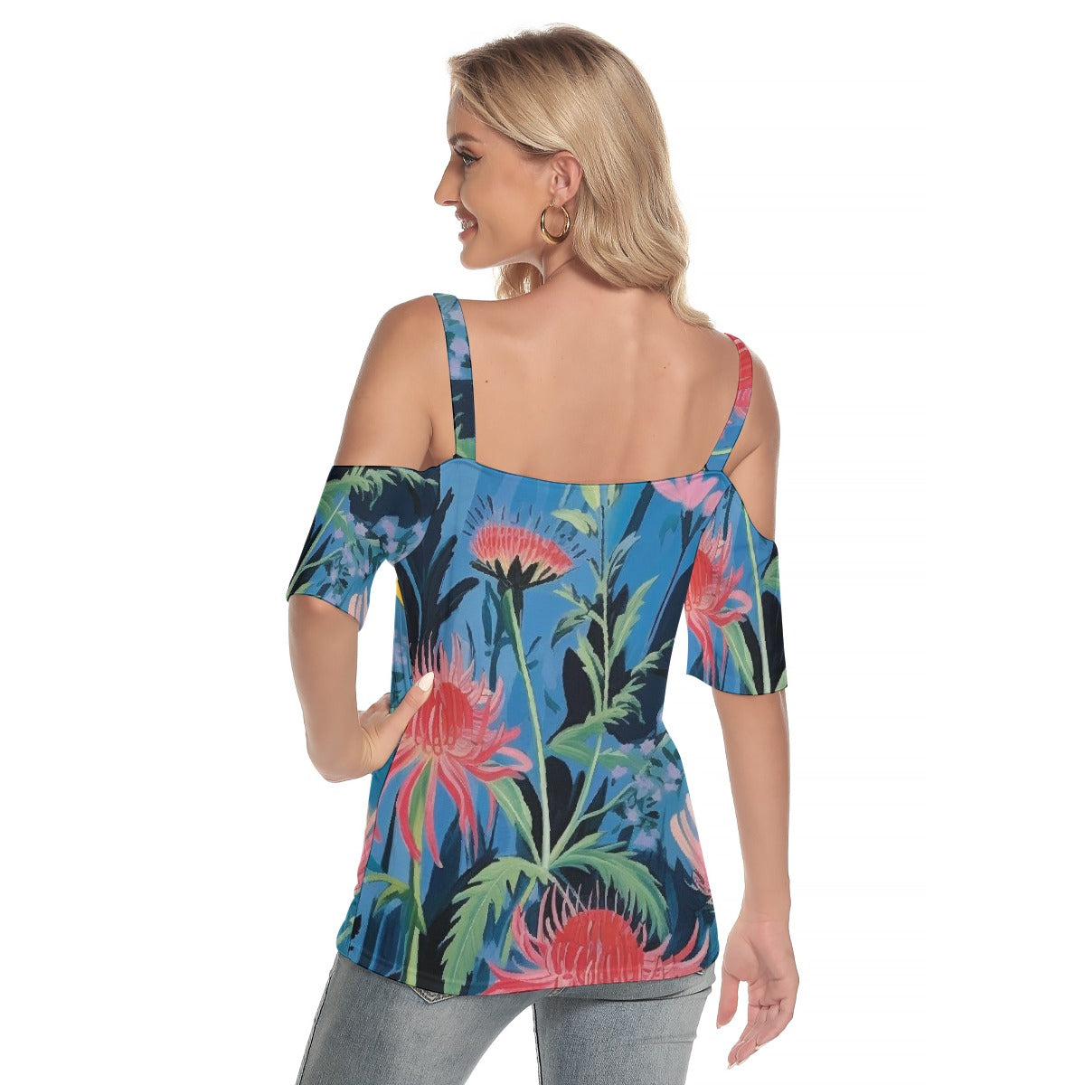 All-Over Print Women's Cold Shoulder T-shirt With Criss Cross Strips