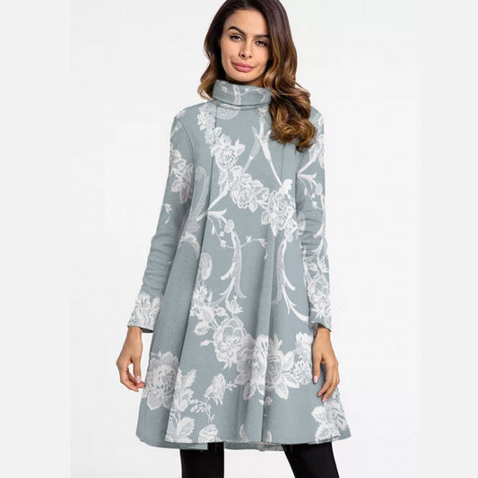 All-Over Print Women's High Neck Dress With Long Sleeve