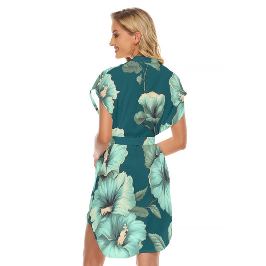 All-Over Print Women's Stand-up Collar Casual Dress With Belt