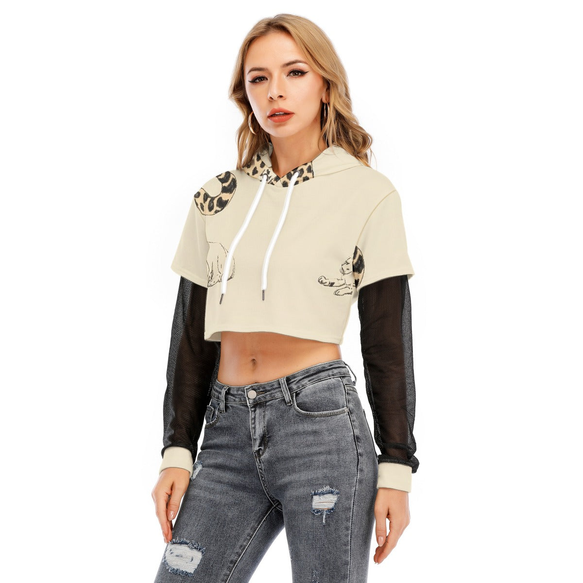 All-Over Print Women's Fake Two-piece Mesh Sleeve Cropped Hoodie