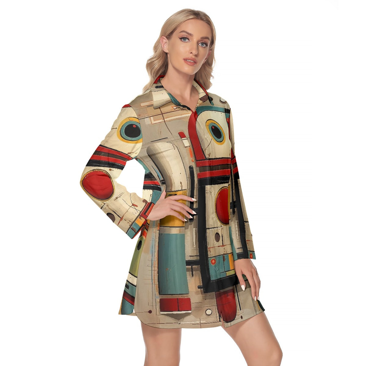 All-Over Print Women's Lapel Shirt Dress With Long Sleeve