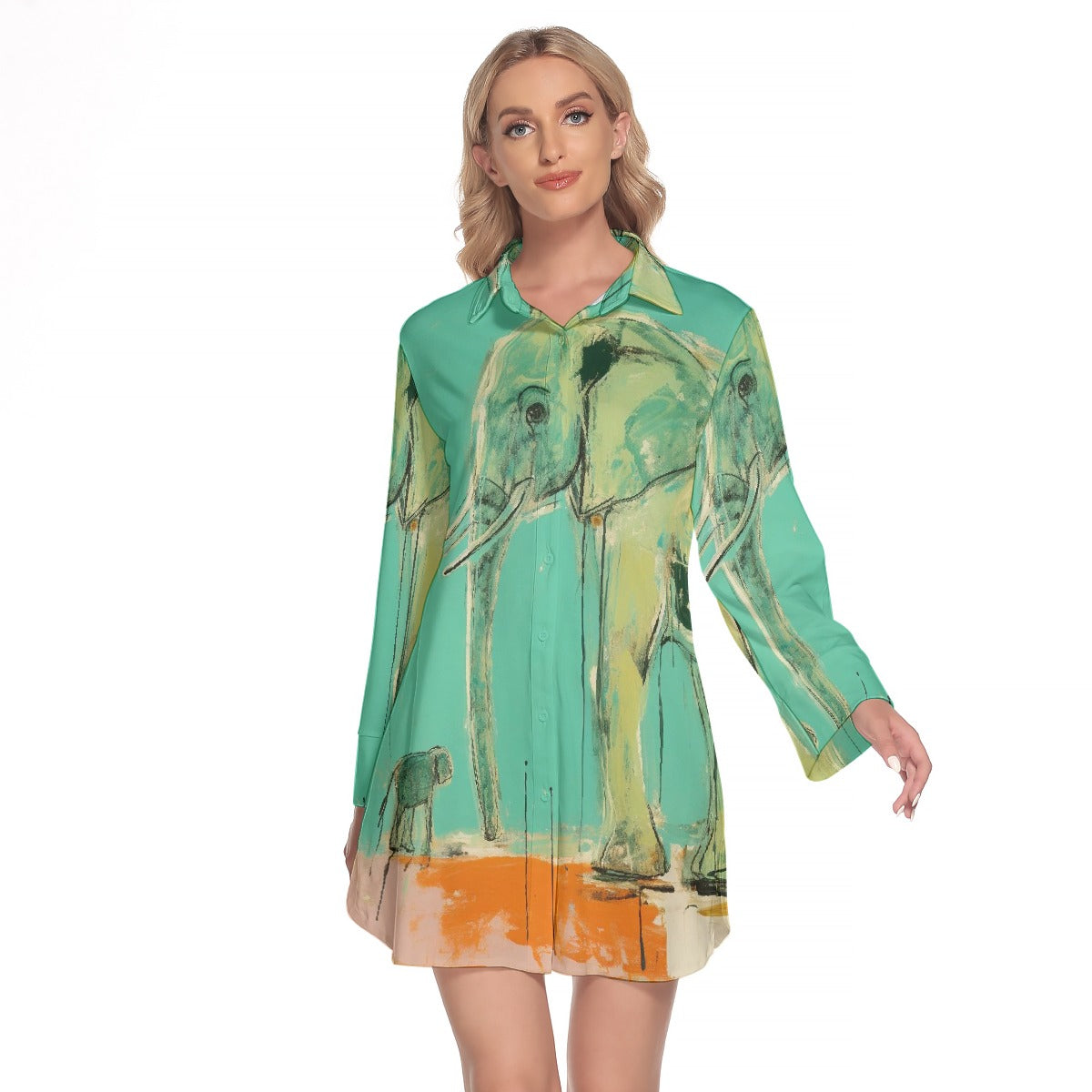 All-Over Print Women's Lapel Shirt Dress With Long Sleeve