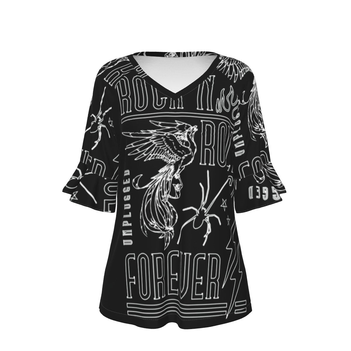 All-Over Print V-neck Women's T-shirt With Bell Sleeve