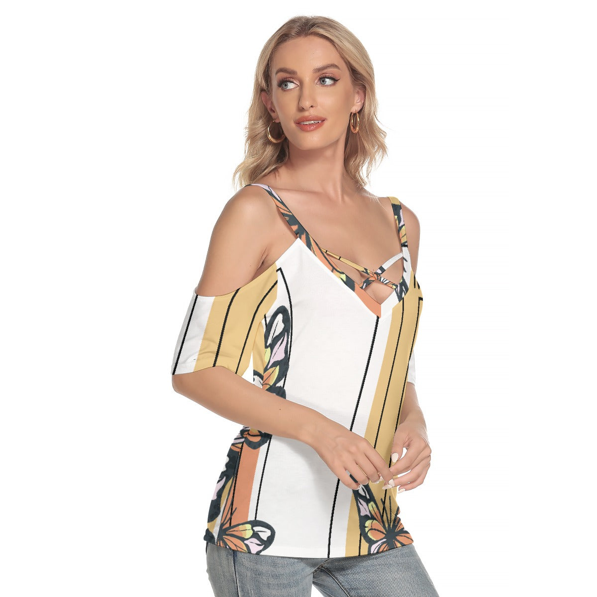 All-Over Print Women's Cold Shoulder T-shirt With Criss Cross Strips