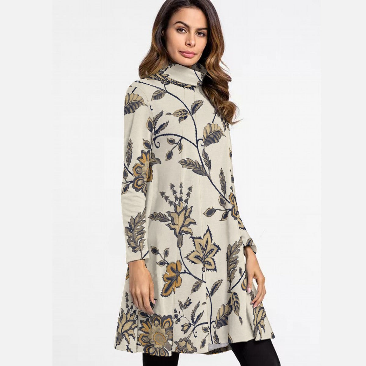 All-Over Print Women's High Neck Dress With Long Sleeve