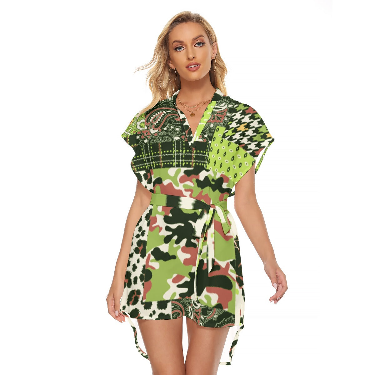 All-Over Print Women's Stand-up Collar Casual Dress With Belt