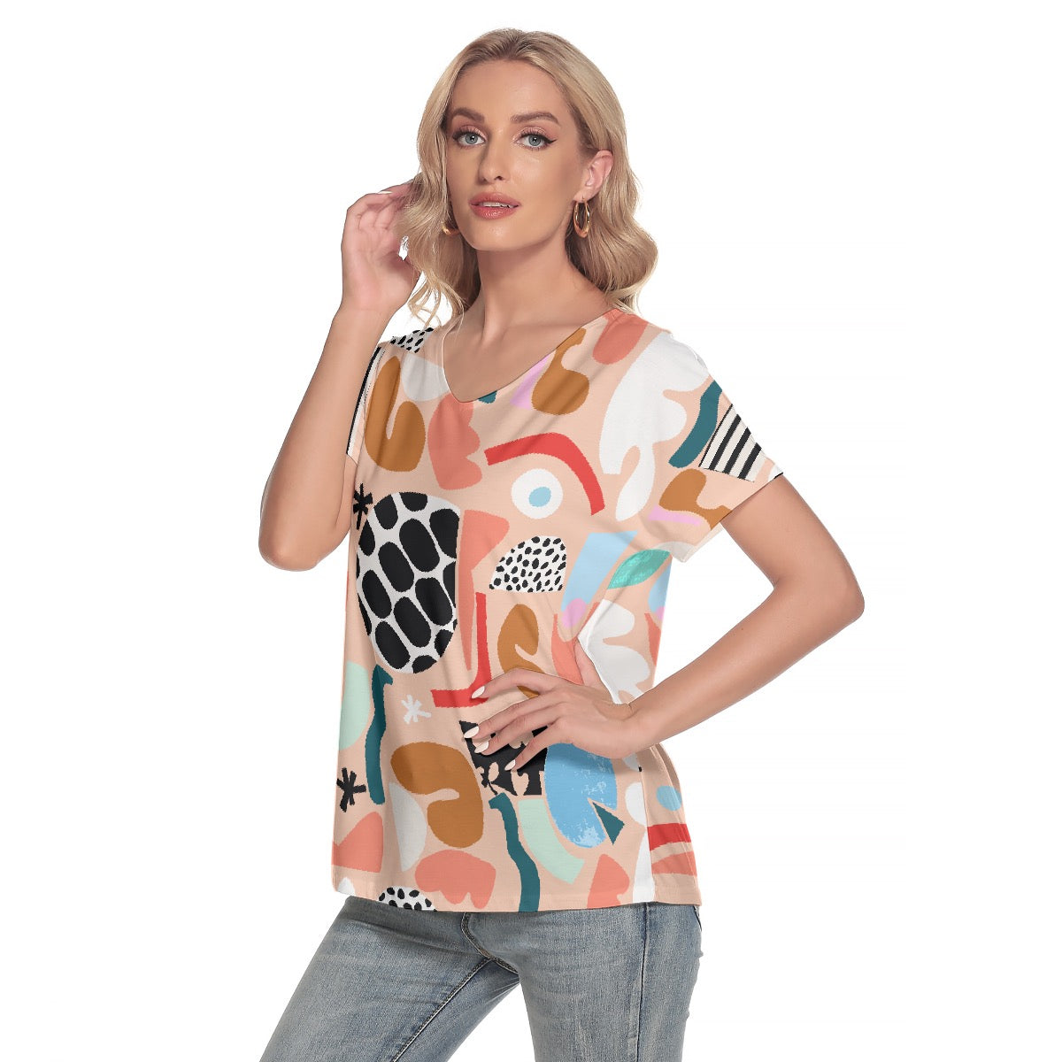 All-Over Print Women's Loose V-neck Short Sleeve T-shirt