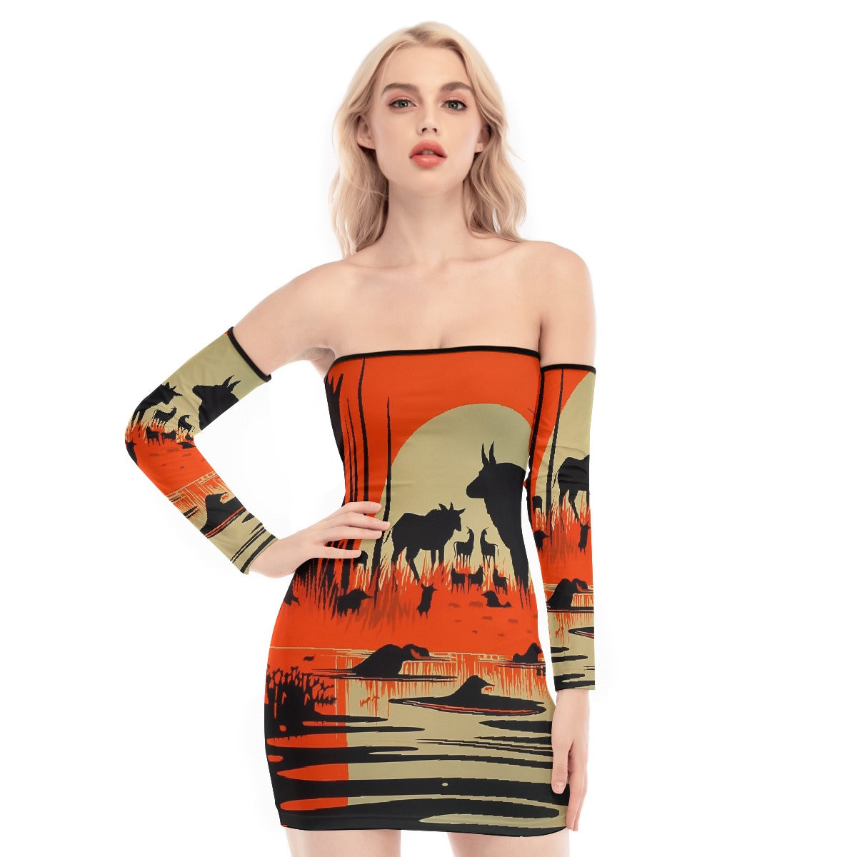 All-Over Print Women's Off-shoulder Back Lace-up Dress