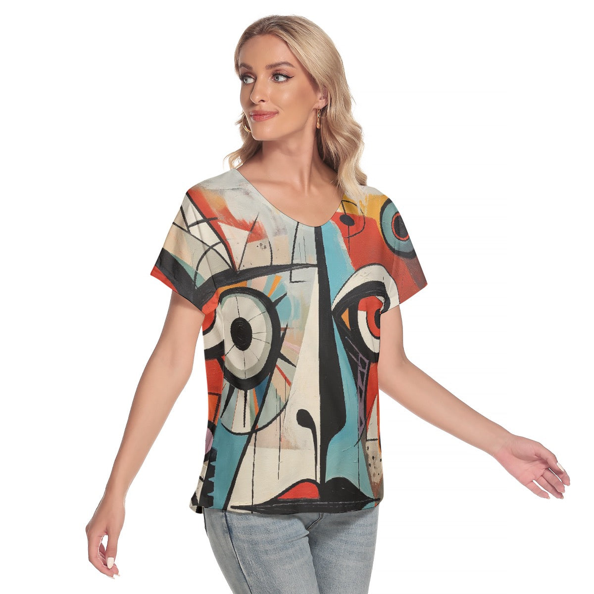 All-Over Print Women's Loose V-neck Short Sleeve T-shirt