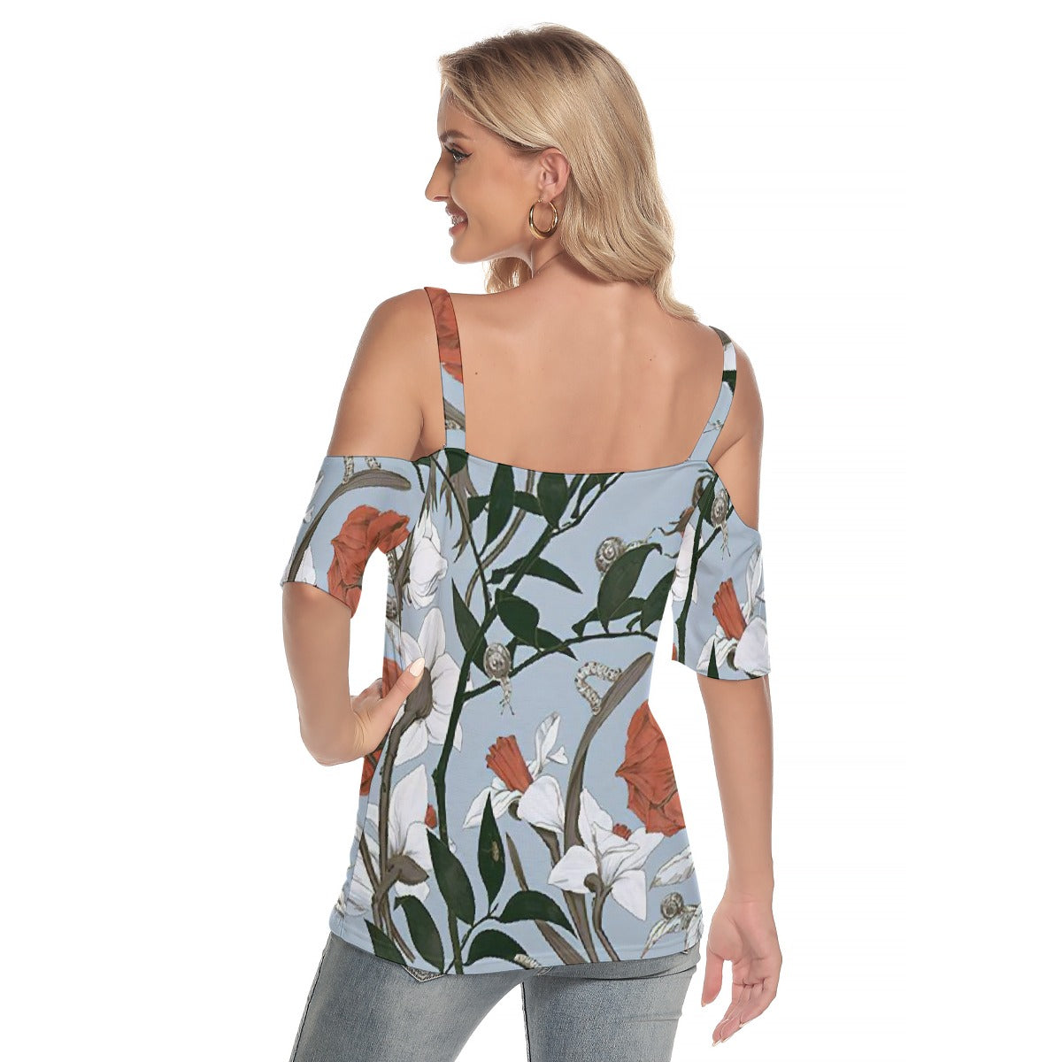 All-Over Print Women's Cold Shoulder T-shirt With Criss Cross Strips