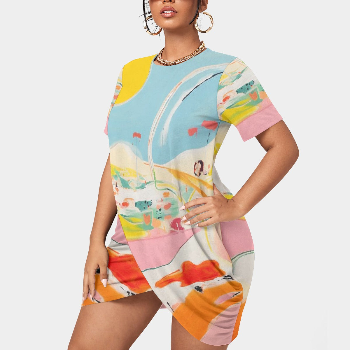 All-Over Print Women’s Stacked Hem Dress With Short Sleeve（Plus Size）