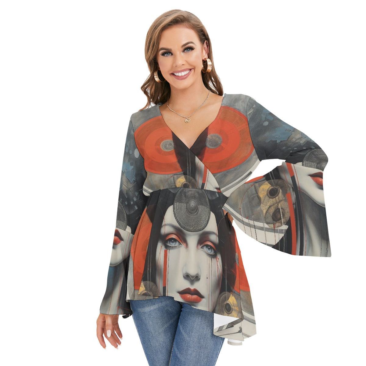 All-Over Print Women's V-neck Blouse With Flared Sleeves