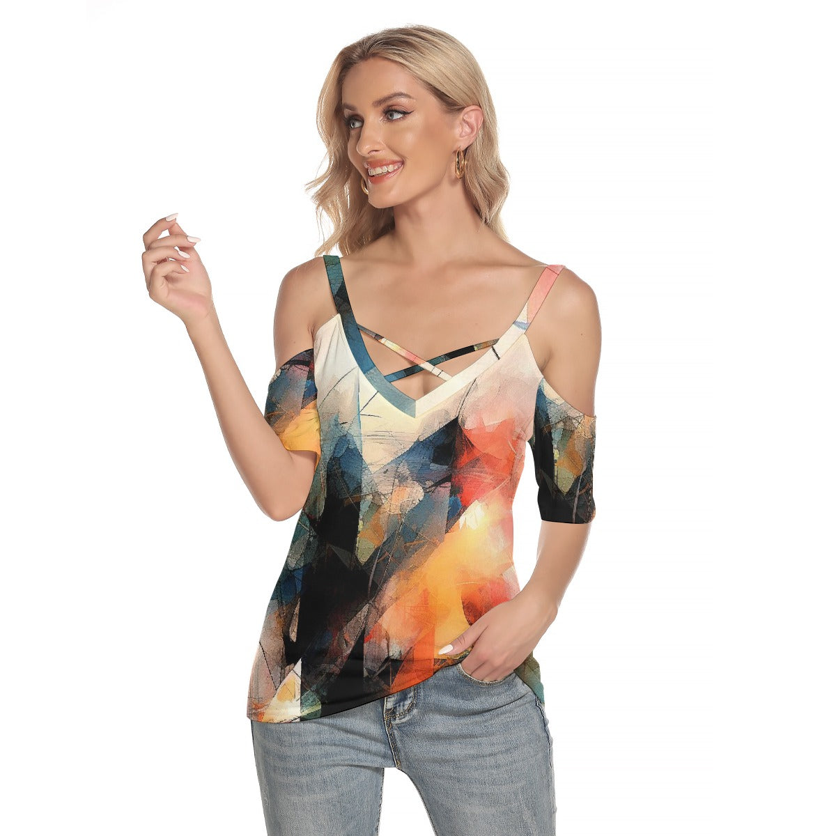 All-Over Print Women's Cold Shoulder T-shirt With Criss Cross Strips