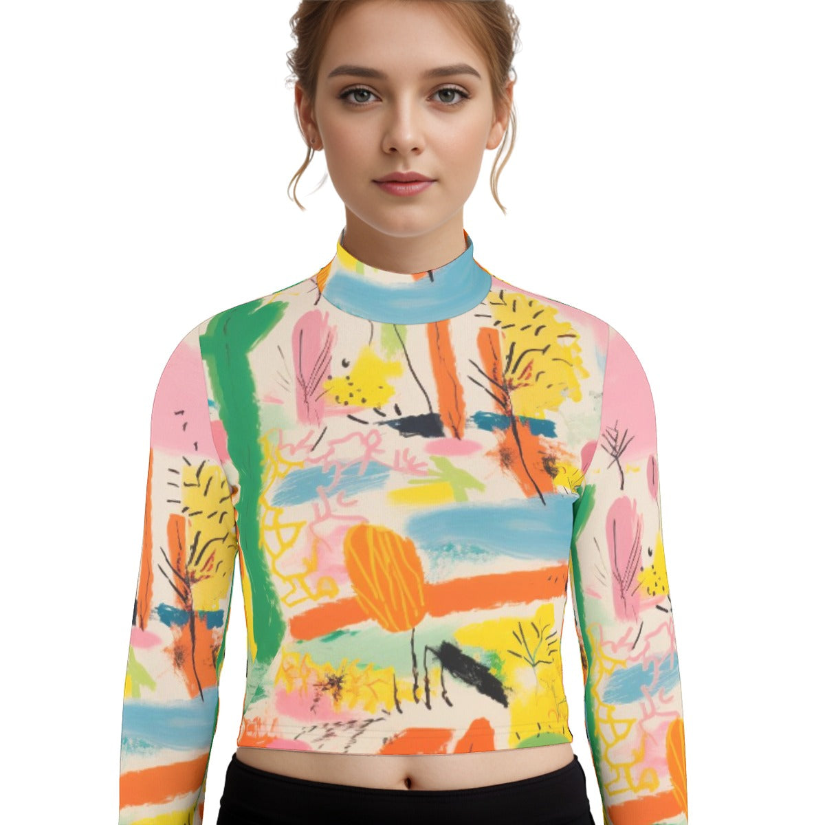 Eco-Friendly All-Over Print Women's Turtleneck T-shirt With Long Sleeve