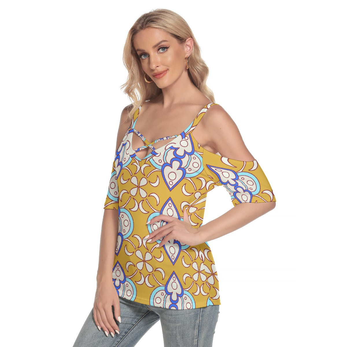 All-Over Print Women's Cold Shoulder T-shirt With Criss Cross Strips