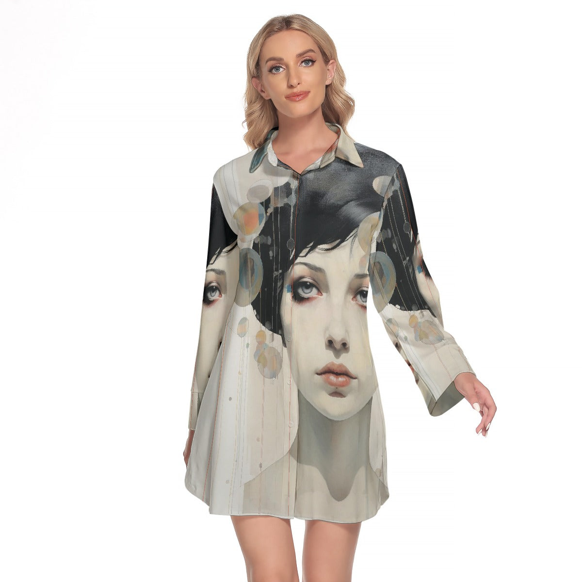 All-Over Print Women's Lapel Shirt Dress With Long Sleeve