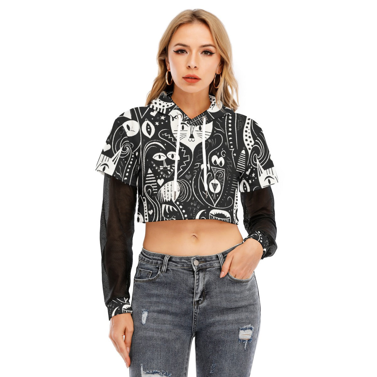 All-Over Print Women's Fake Two-piece Mesh Sleeve Cropped Hoodie