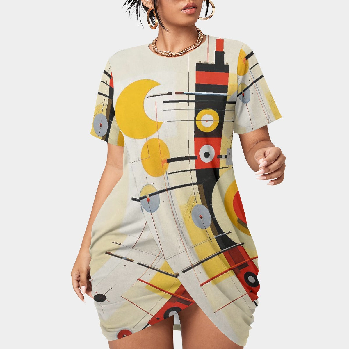 All-Over Print Women’s Stacked Hem Dress With Short Sleeve（Plus Size）