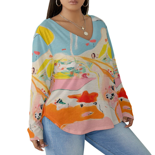 All-Over Print Women's V-neck T-shirt With Curved Hem(Plus Size)