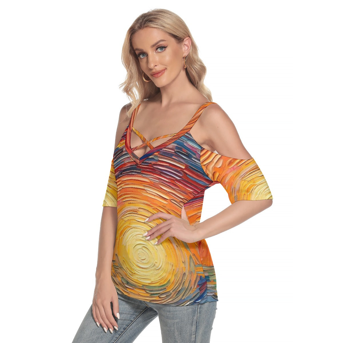 All-Over Print Women's Cold Shoulder T-shirt With Criss Cross Strips