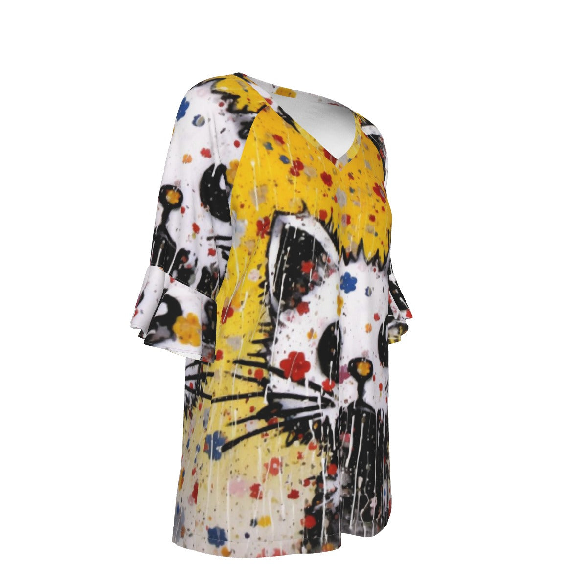 All-Over Print V-neck Women's T-shirt With Bell Sleeve