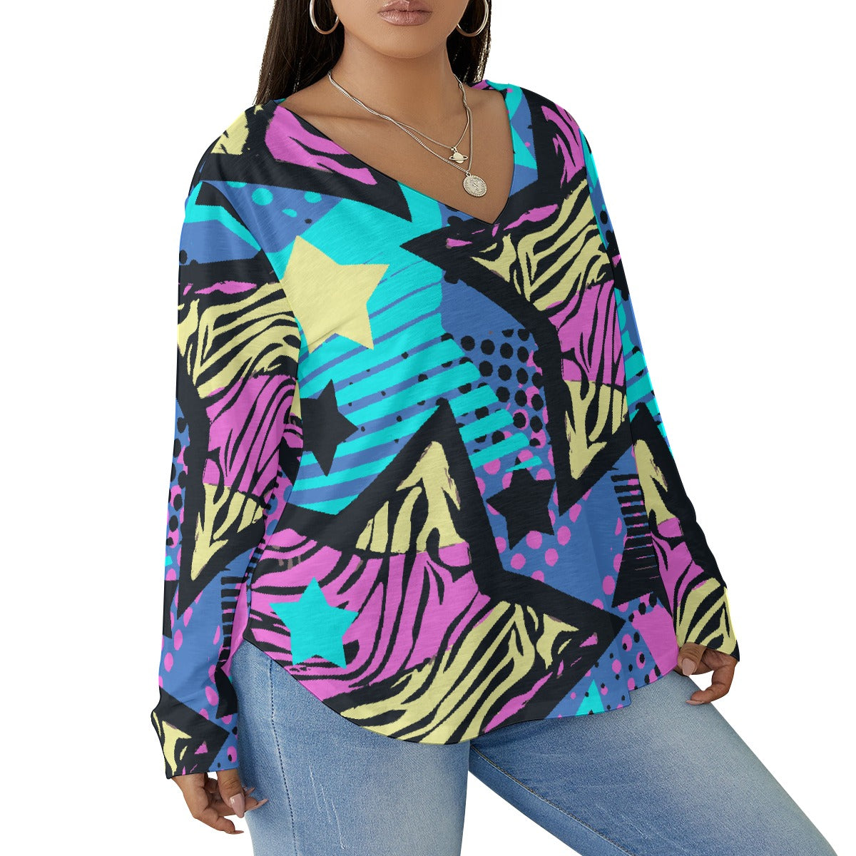 All-Over Print Women's V-neck T-shirt With Curved Hem(Plus Size)