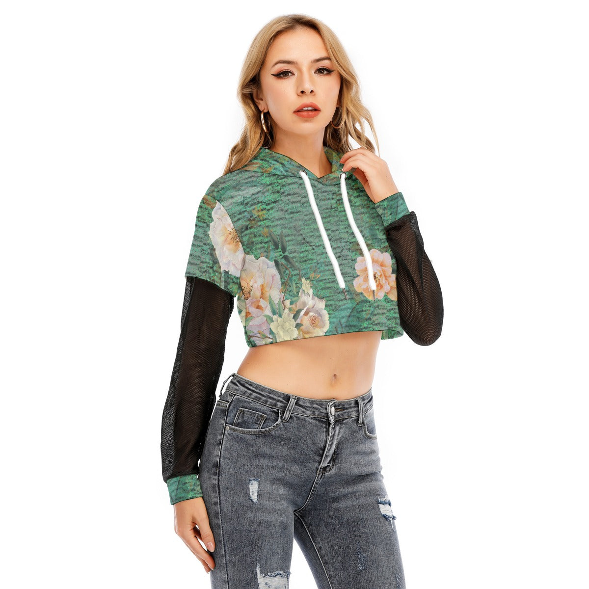 All-Over Print Women's Fake Two-piece Mesh Sleeve Cropped Hoodie