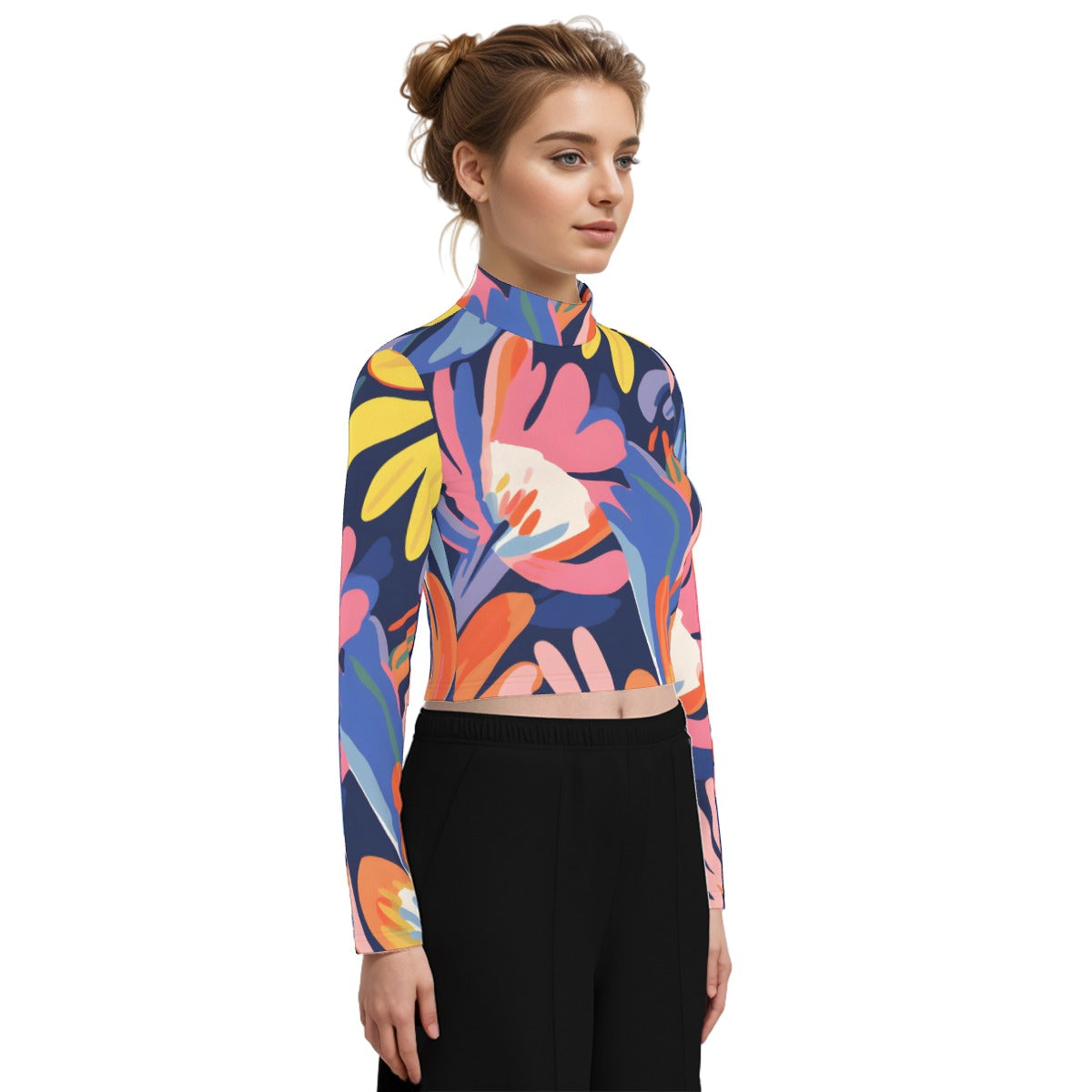 Eco-Friendly All-Over Print Women's Turtleneck T-shirt With Long Sleeve