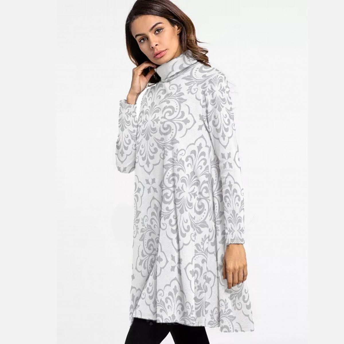 All-Over Print Women's High Neck Dress With Long Sleeve