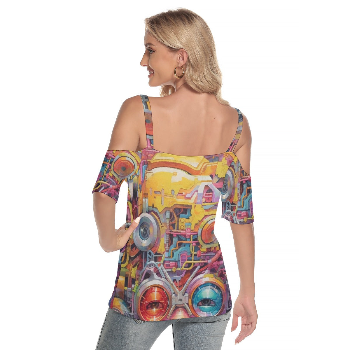 All-Over Print Women's Cold Shoulder T-shirt With Criss Cross Strips