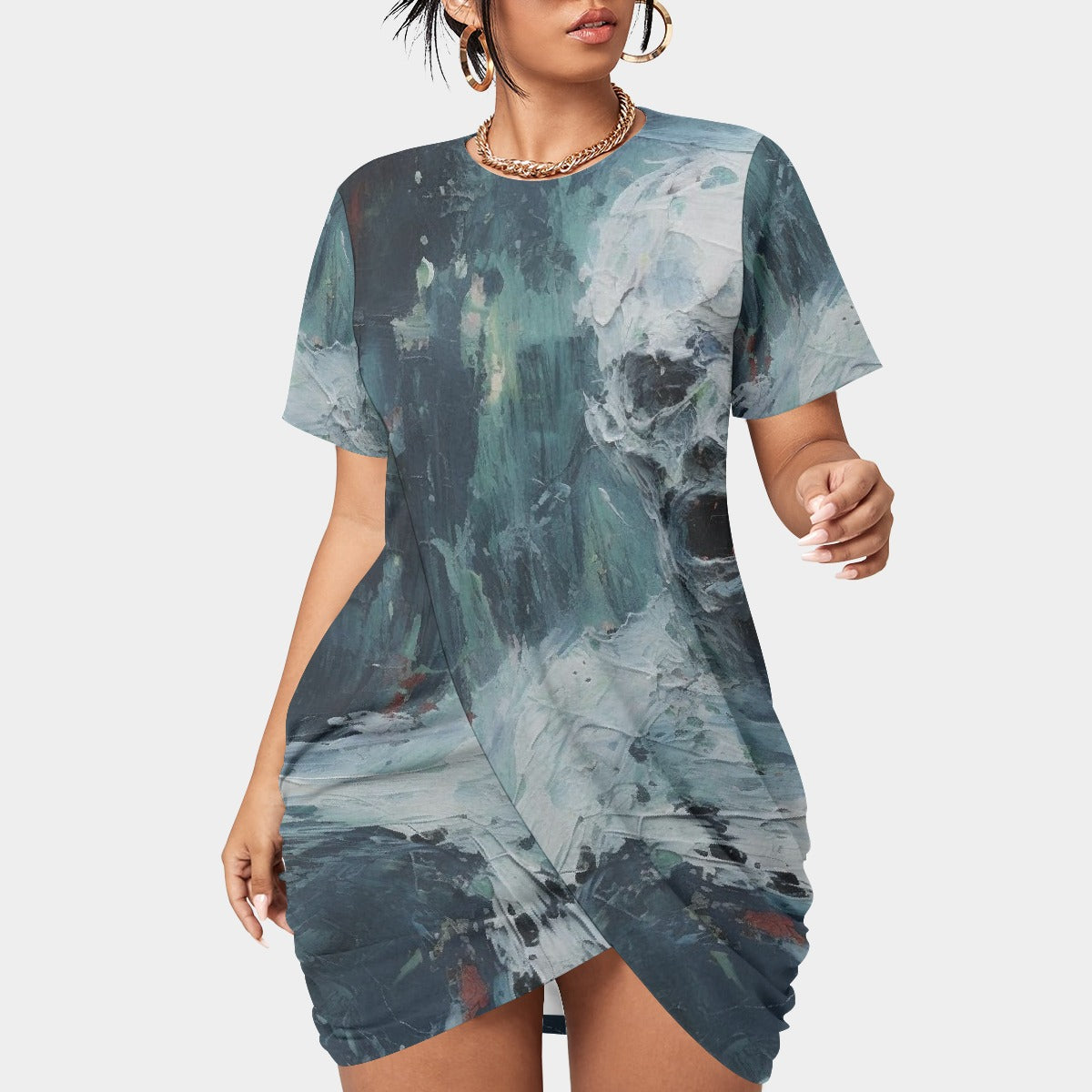 All-Over Print Women’s Stacked Hem Dress With Short Sleeve（Plus Size）