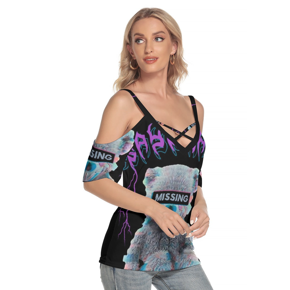 All-Over Print Women's Cold Shoulder T-shirt With Criss Cross Strips