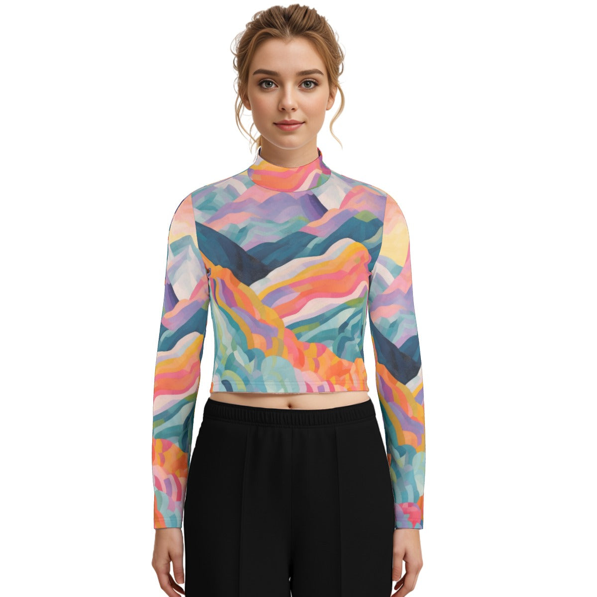 Eco-Friendly All-Over Print Women's Turtleneck T-shirt With Long Sleeve