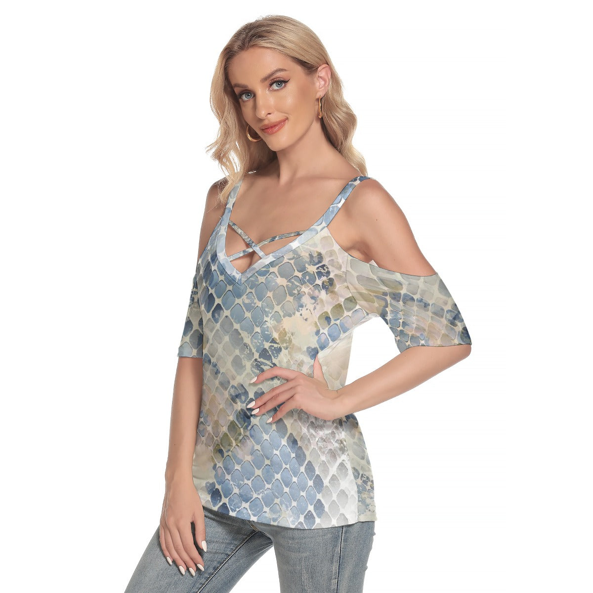 All-Over Print Women's Cold Shoulder T-shirt With Criss Cross Strips