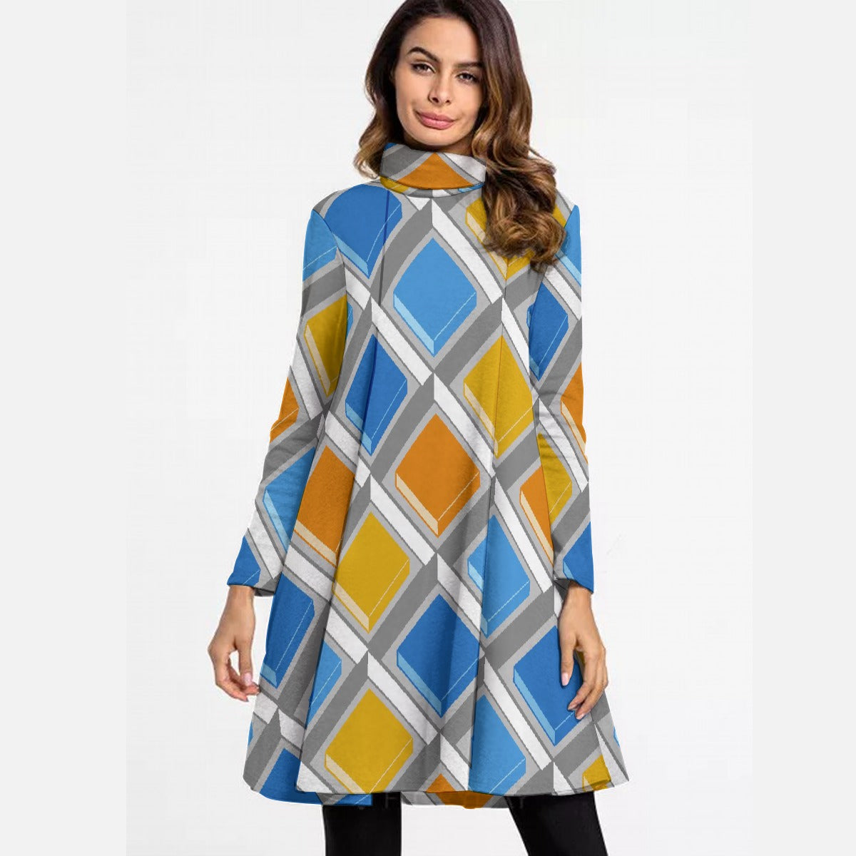 All-Over Print Women's High Neck Dress With Long Sleeve