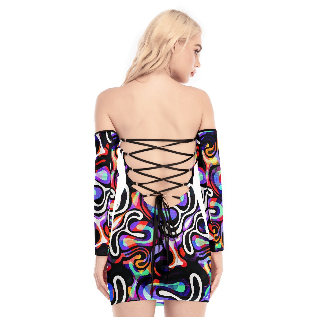 All-Over Print Women's Off-shoulder Back Lace-up Dress