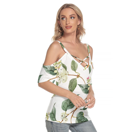 All-Over Print Women's Cold Shoulder T-shirt With Criss Cross Strips