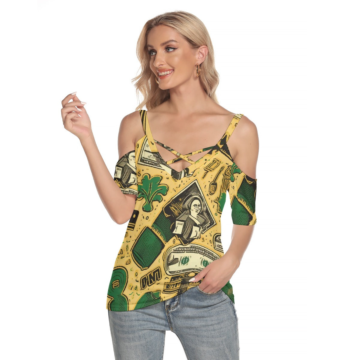 All-Over Print Women's Cold Shoulder T-shirt With Criss Cross Strips