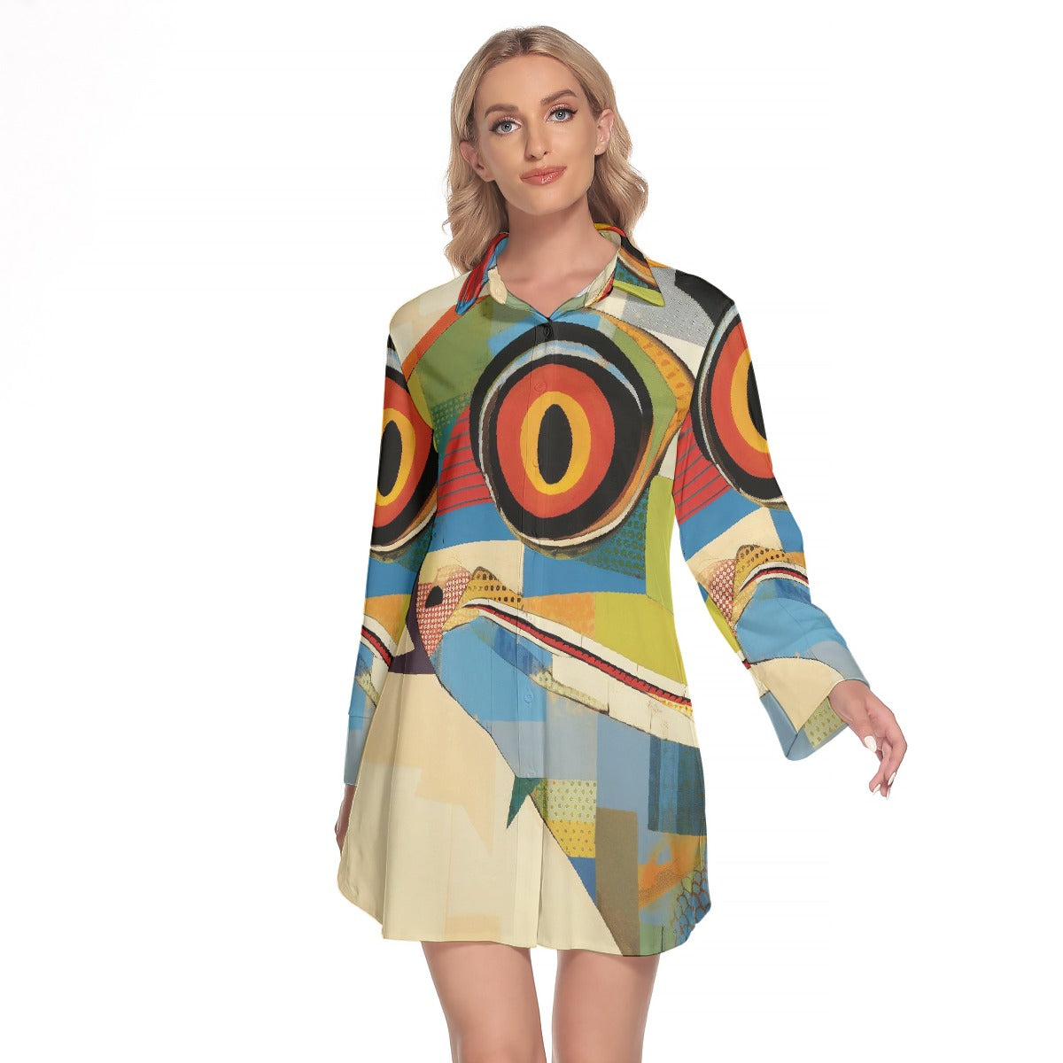 All-Over Print Women's Lapel Shirt Dress With Long Sleeve