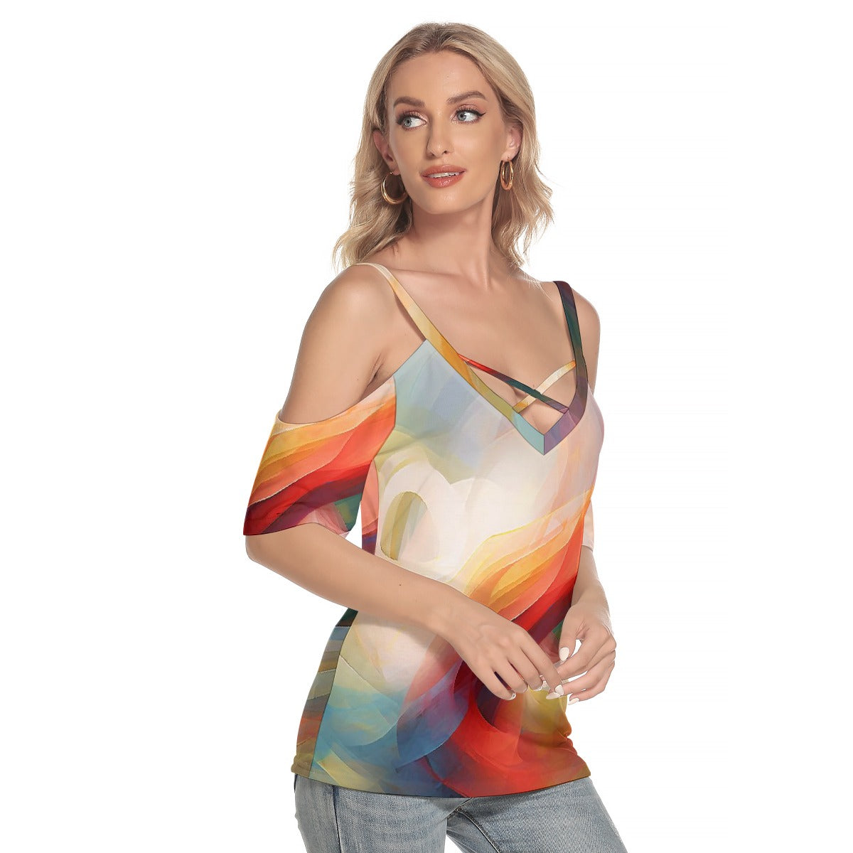 All-Over Print Women's Cold Shoulder T-shirt With Criss Cross Strips