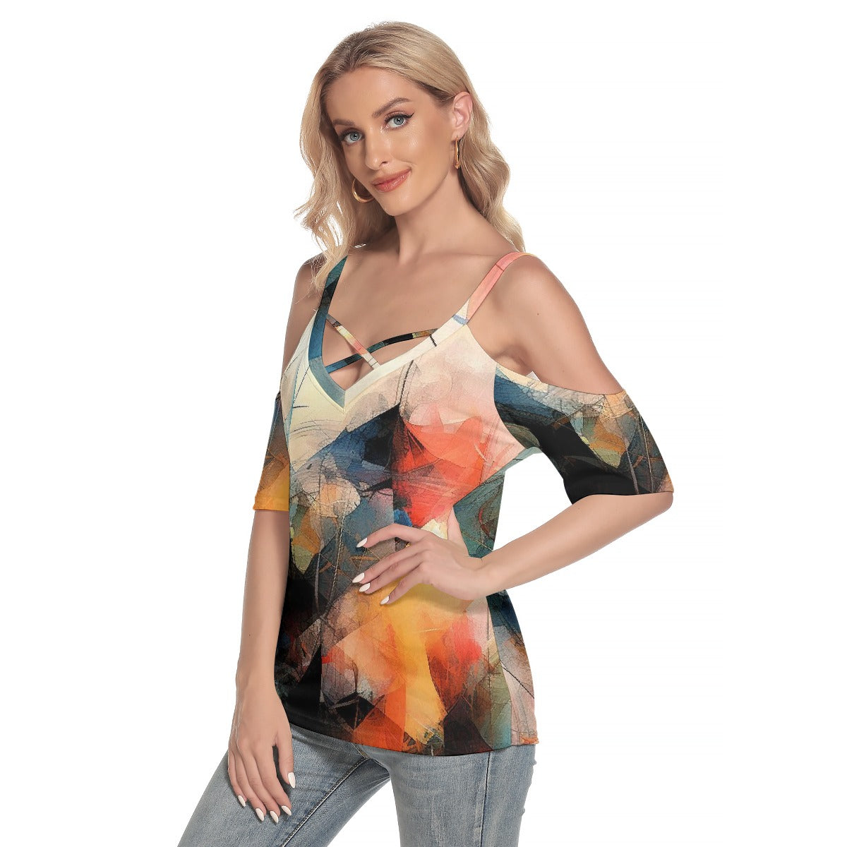 All-Over Print Women's Cold Shoulder T-shirt With Criss Cross Strips