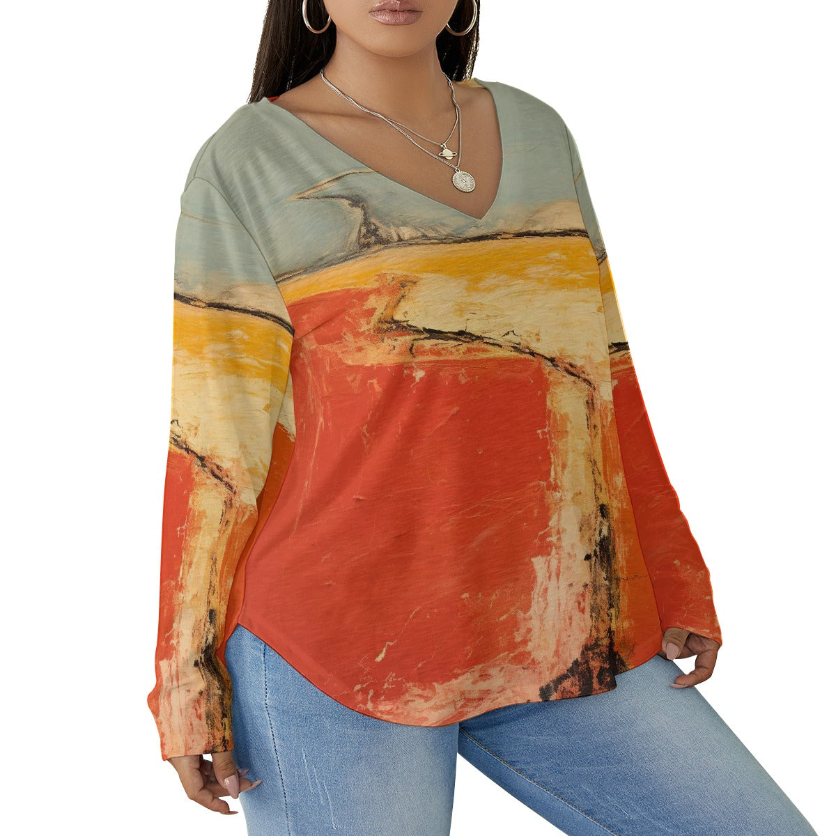 All-Over Print Women's V-neck T-shirt With Curved Hem(Plus Size)