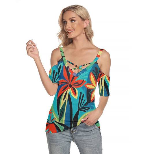 All-Over Print Women's Cold Shoulder T-shirt With Criss Cross Strips