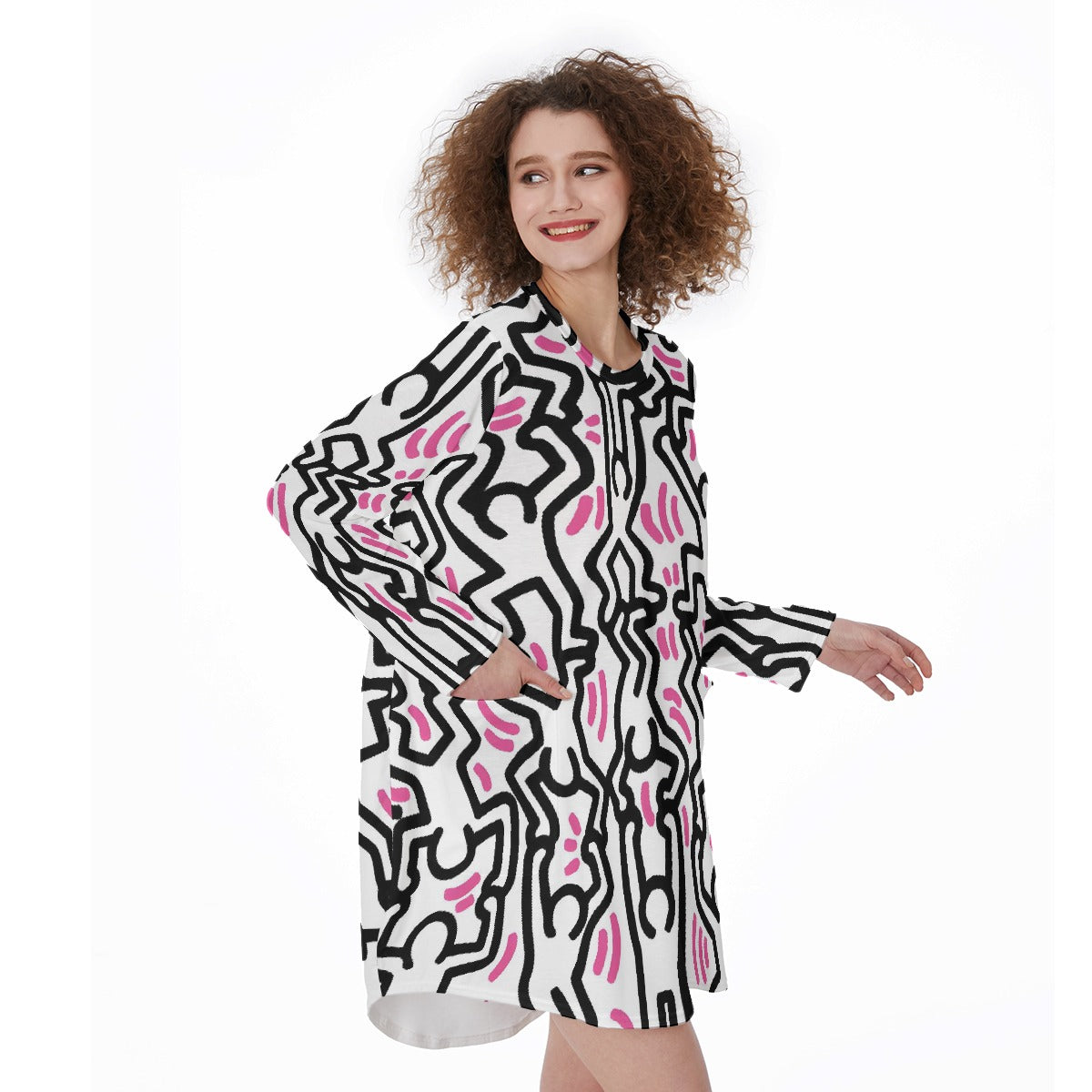 All-Over Print Women's Casual Loose Long Sleeve Dress With Pocket