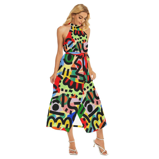 All-Over Print Women's Wrap Hem Belted Halter Dress