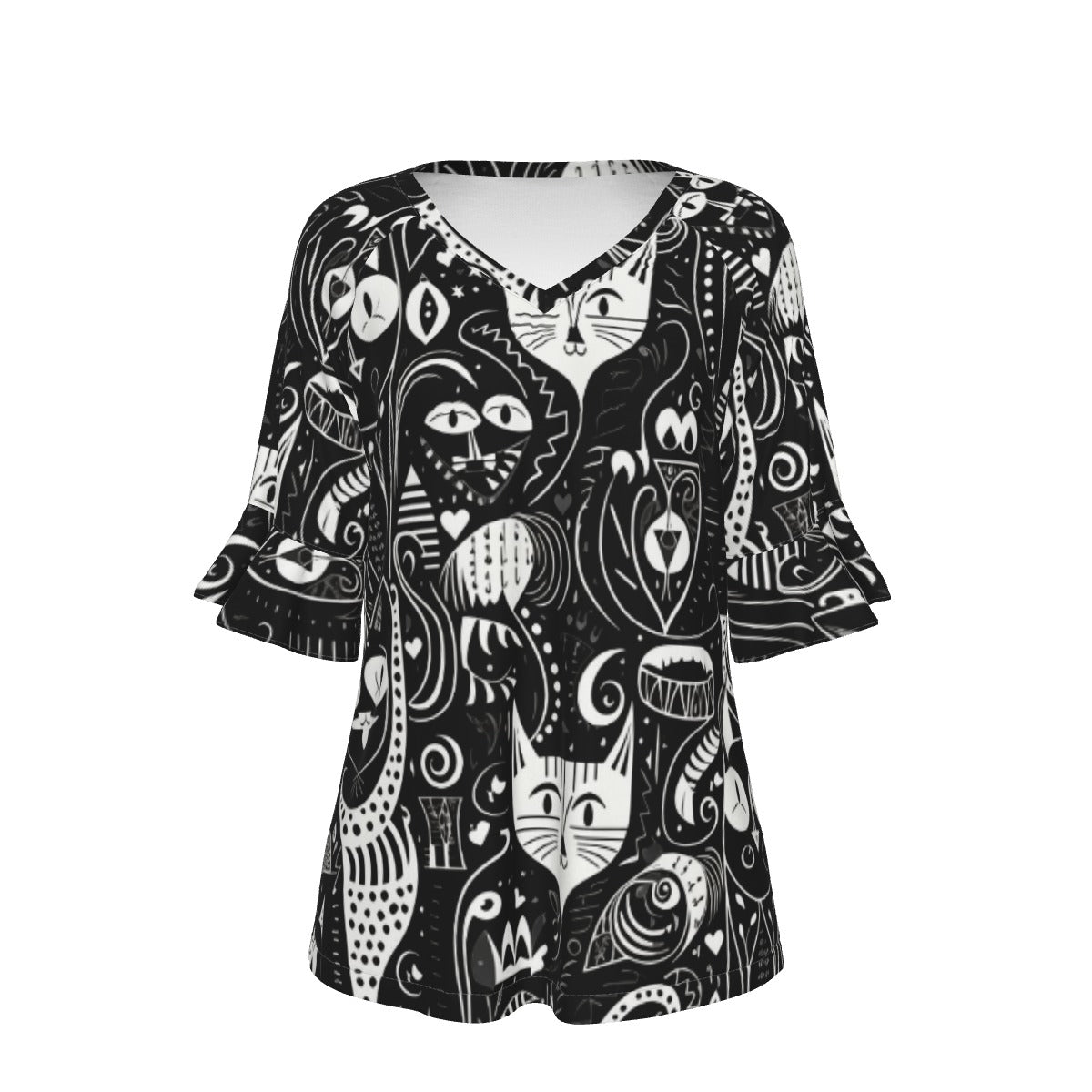 All-Over Print V-neck Women's T-shirt With Bell Sleeve