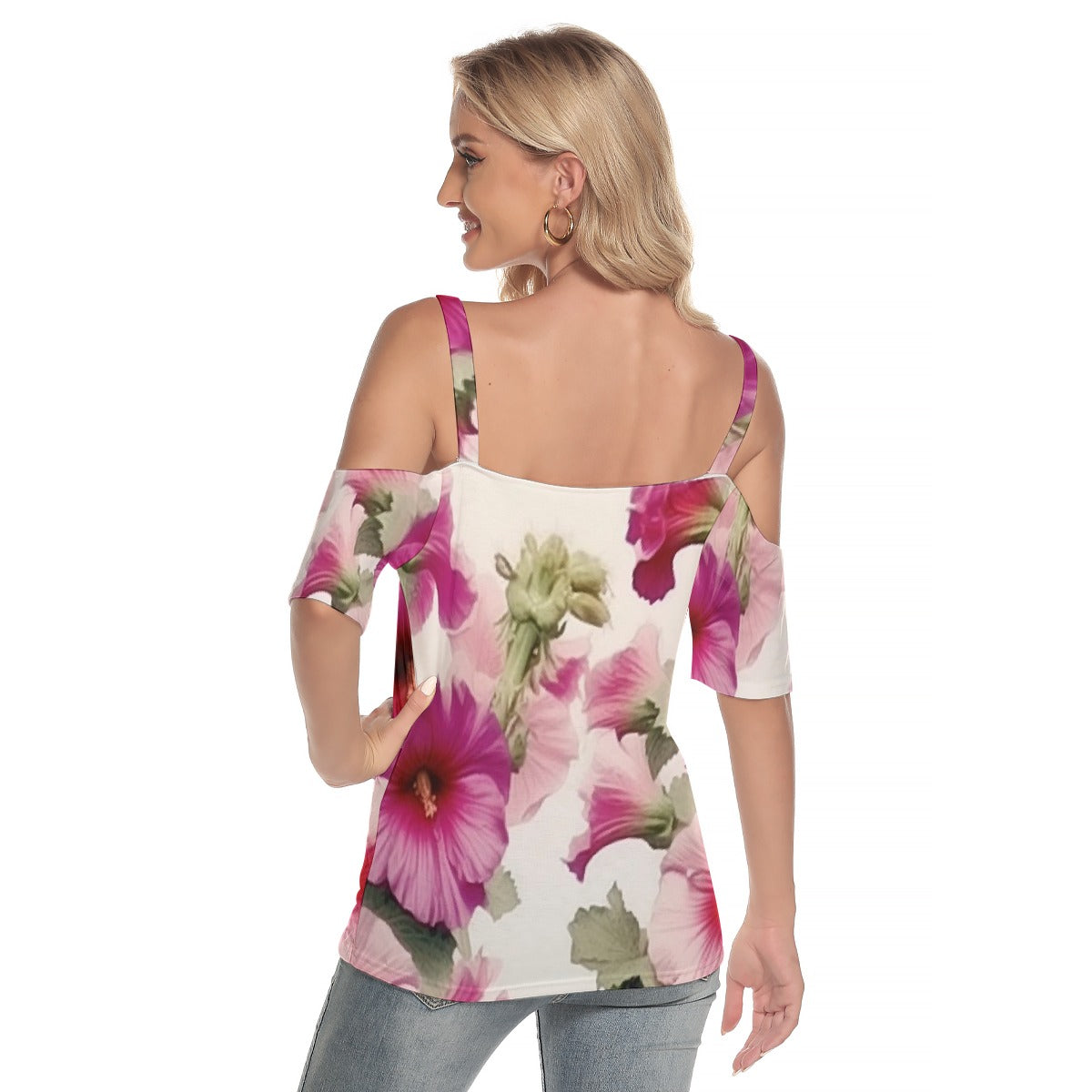 All-Over Print Women's Cold Shoulder T-shirt With Criss Cross Strips